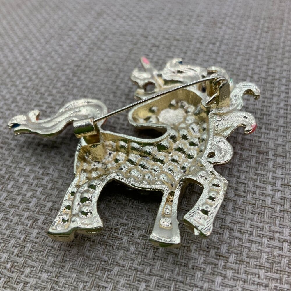 Unicorn Rainbow Enamel Rhinestone Gold Tone Brooch Pin - Picture 2 of 6